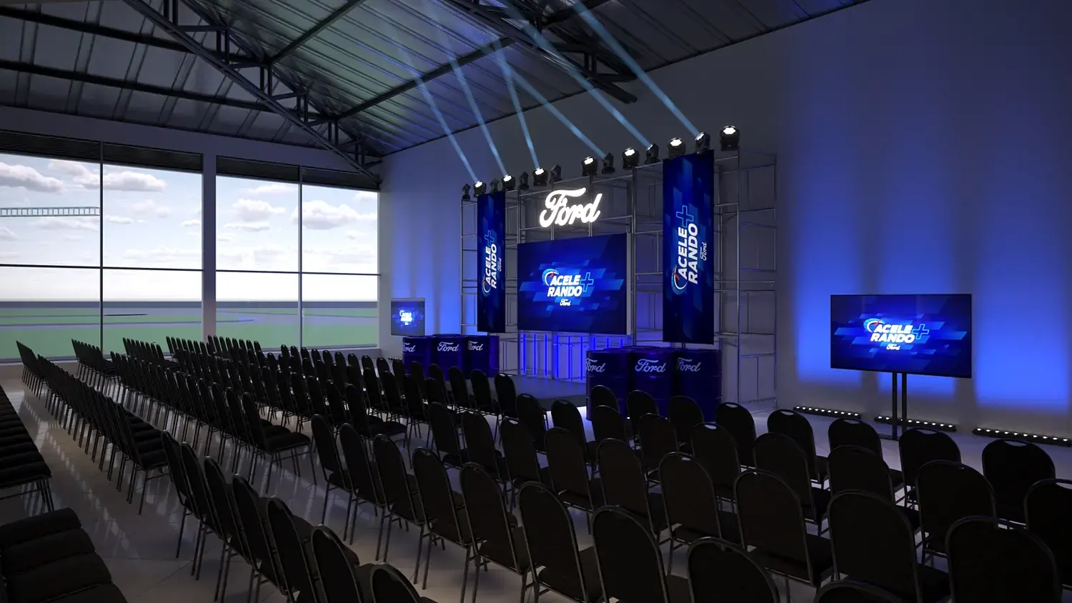 Ford Treinamento: sala de produto com foco, palco e performance