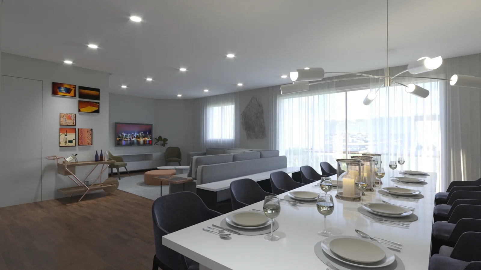 Apartamento: visualização residencial com luz de fim de tarde - imagem 3