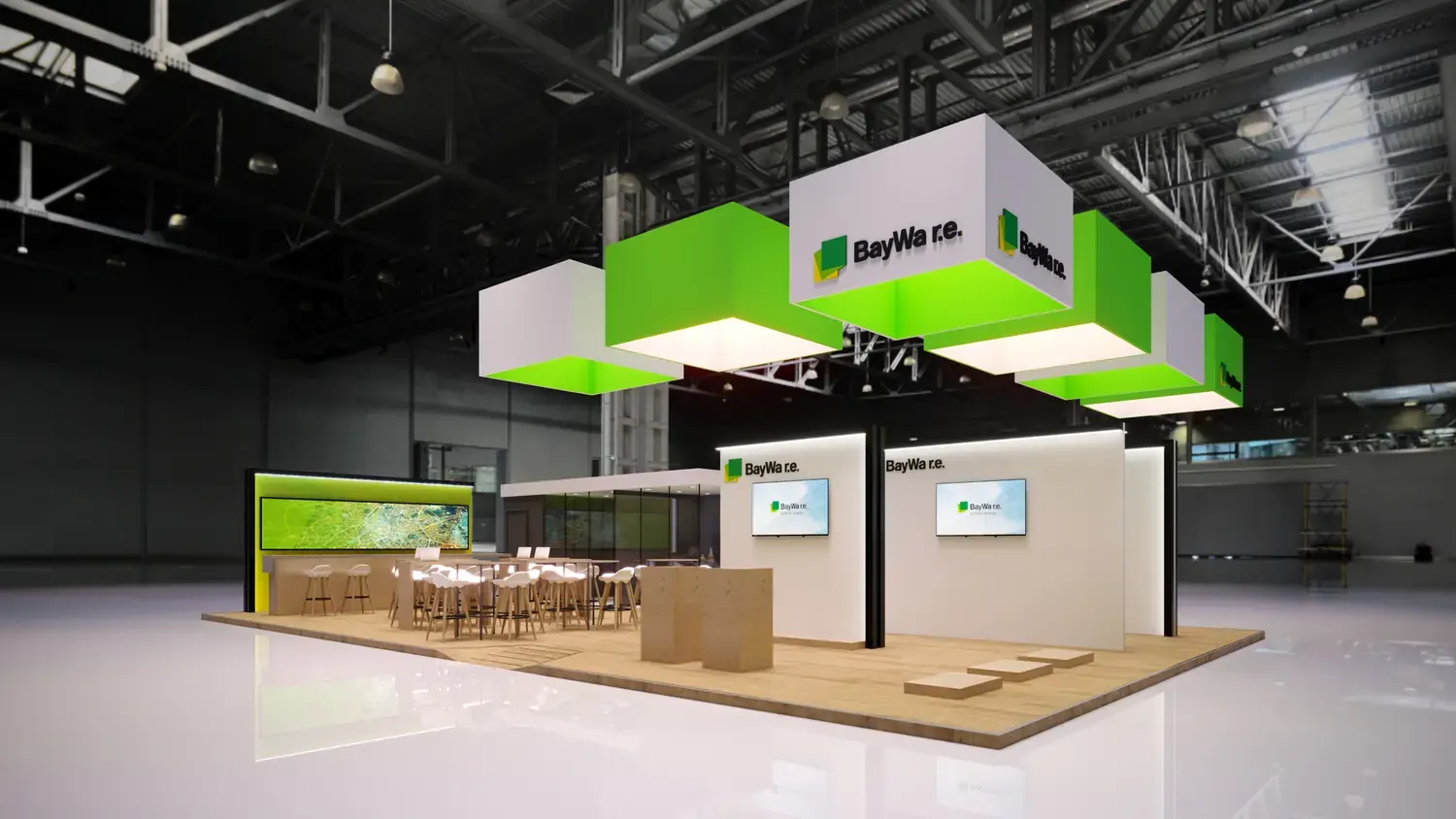 BayWa: energia renovável em estande claro, verde e comercial