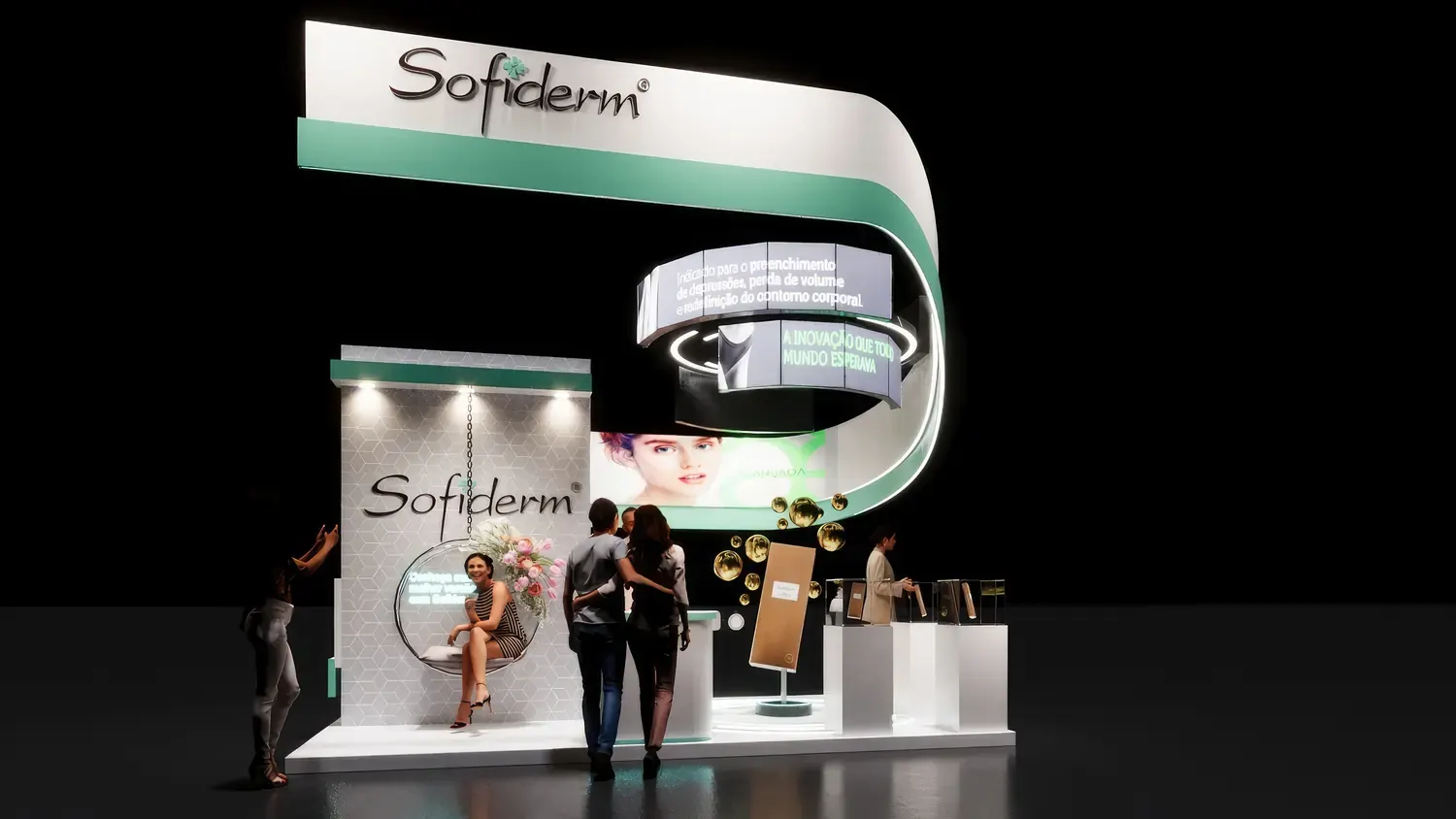 Aeskins Sofiderm: estética profissional em stand branco, curvo e luminoso