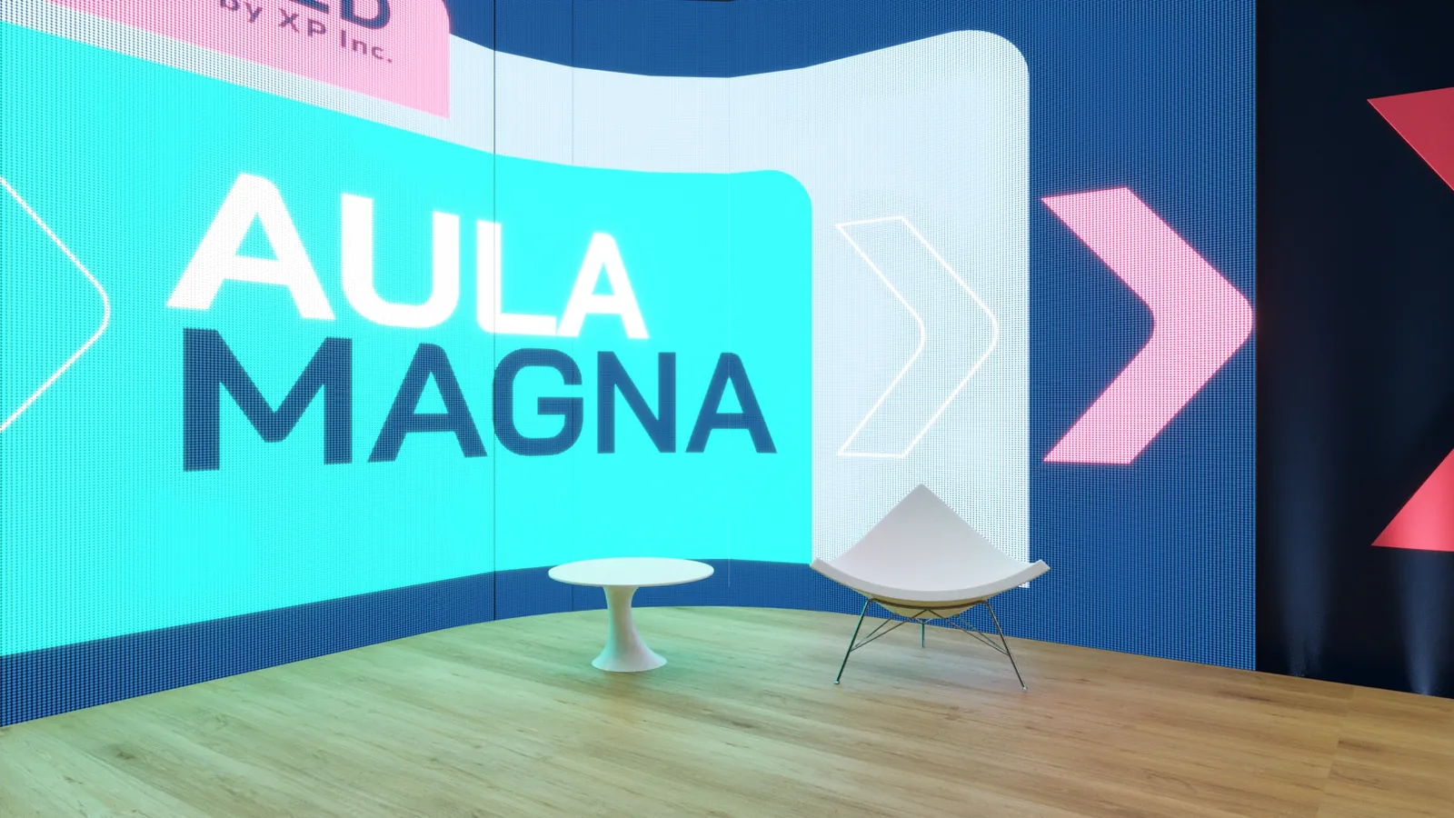 XP Aula Magna: projeto cenográfico com leitura premium e foco comercial